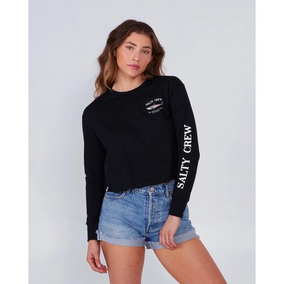 Salty Crew Women's Large Black Bruce Long Sleeve Cropped T Shirt Graphic K4-2 - Picture 1 of 8